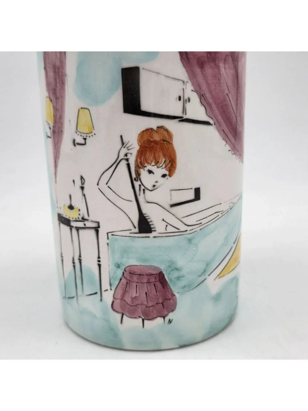 MCM Ceramica Di Milano Italy Hand-Painted Porcelain Canister Retro Bath Scene